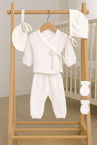 Sitilin Muslin 5-Piece Kimono Lace-Up 100% Cotton Hospital Release Newborn Baby Gift Set 7070