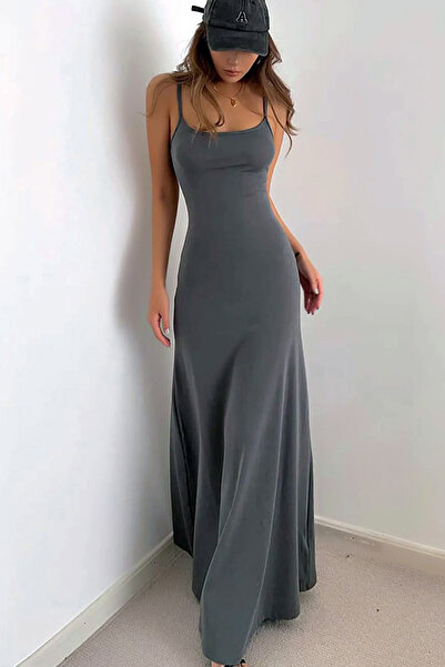 MissKybele Kare U Yakalı Kolsuz İnce Askılı Sırtı Açık Dar Kesim Likralı Esnek Uzun Maksi Boy Elbise