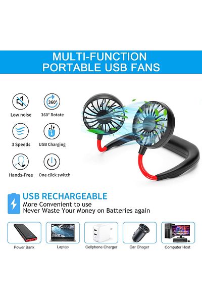 Generic ZY-A1 Wearable Sports Fan – Portable, Rechargeable, Hands-Free Neck Fan black
