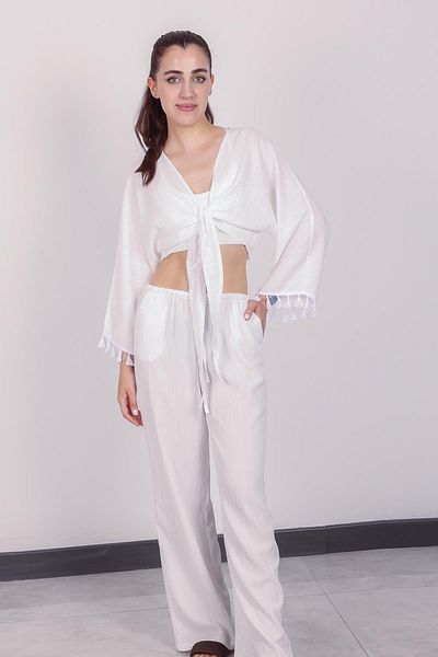 Hazel Set pantaloni albi cu ciucuri pentru femei