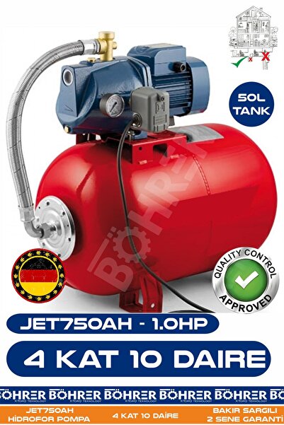 BÖHRER JET750AH 1.0 HP 50L Yatay Genleşme Tank -- Otomatik Hidrofor Bina Bahçe Su Pompası – 4 Kat 10 Daire