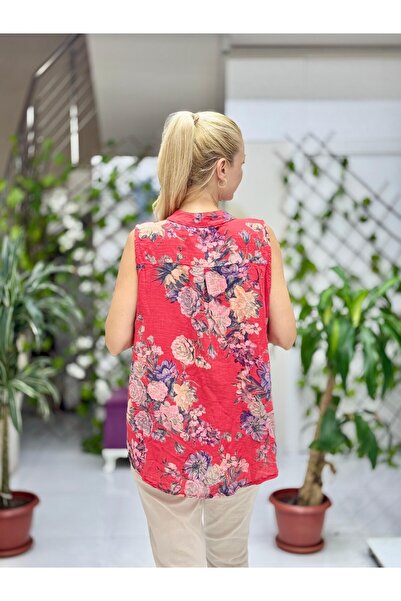 Punta Otantik Ls8819D Sleeveless Cotton Italian Blouse with Pockets Red