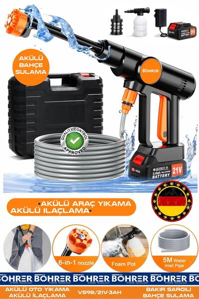 BÖHRER Akülü Araç Yıkama Makinesi BA01116 - Kablo Derdi Yok – 21V 3AH Güçlü Yıkama Performansı-Bahçe İlaçla