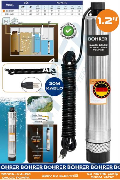 BÖHRER 1.0 HP 220V Kalem Dalgıç Su Motoru Pompa | 20M Kablo - DS5.1-56/7 | 50...