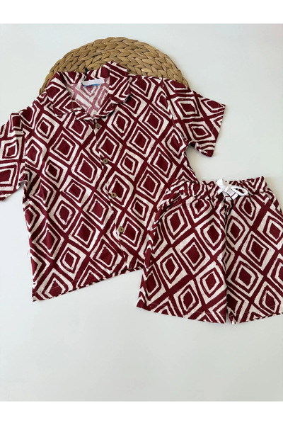 kidstalya Burgundy Patterned Shirt-Shorts Set