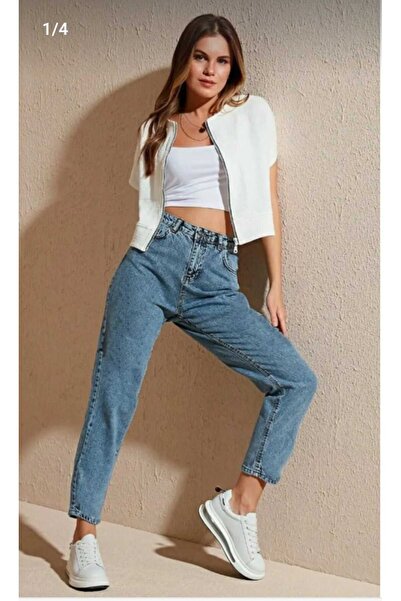 Lixera Pantaloni Mom Jean cu talie înaltă din Lycra Blue Snow Wash