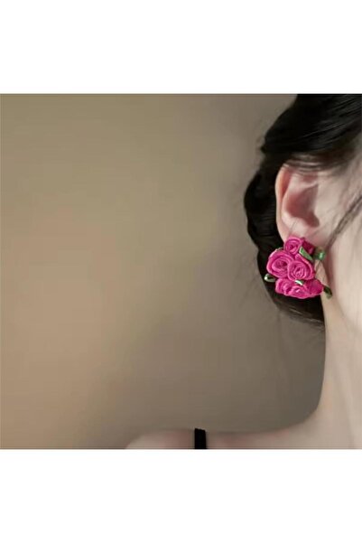 Pelin Aksesuar Fuşya Kumaş Çiçek İşlemeli Küpe