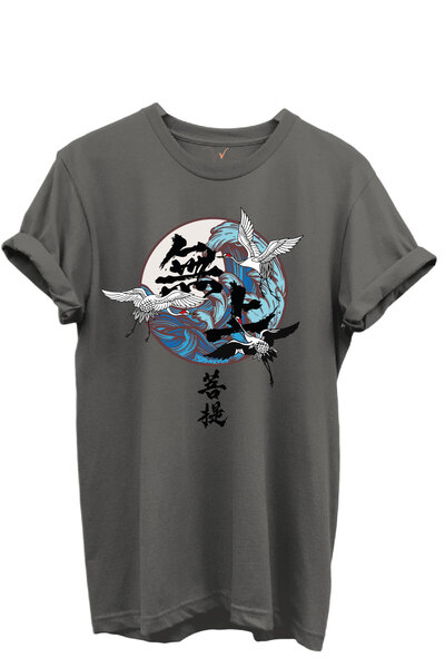 WİDİ تي شيرت للجنسين بنمط طيور الكركي والتموجات على الطراز الفني الياباني مصن...