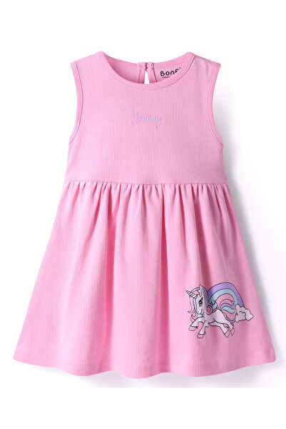Bonfino 100% Cotton Knit Sleeveless Unicorn Print & Text Embroidery Dress with Bloomer - Pink
