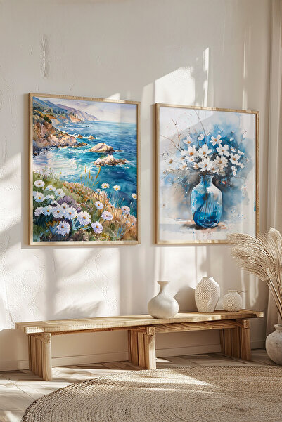 STARYUNA Pictură cu efect de acuarelă cu margarete, set de 2 picturi cu marga...