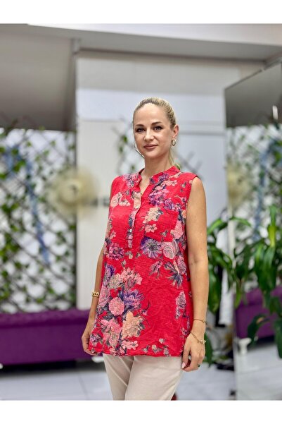 Punta Otantik Ls8819D Sleeveless Cotton Italian Blouse with Pockets Red