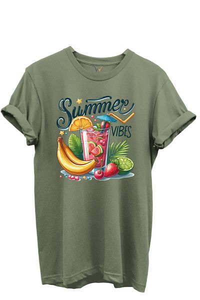 WİDİ Summer Vibes scris Cocktail de fructe și model tropical 100% bumbac Tricou unisex cu croiala normală