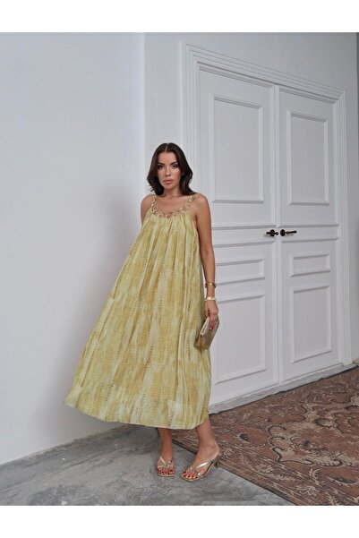 Miss Prova Halka Aksesuar Detaylı Askılı Desenli Yazlık Elbise MISSELB3617