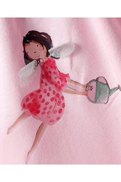 Bonfino Fairy Printed & Embroidered Drop Shoulder Sleeves Dress - Pink