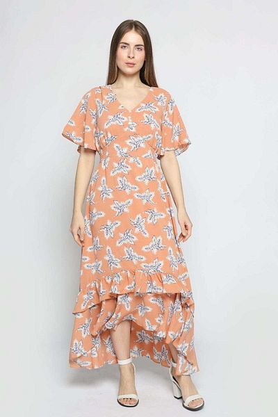 mica Floral Short Sleeve Midi Dress with V-Neck