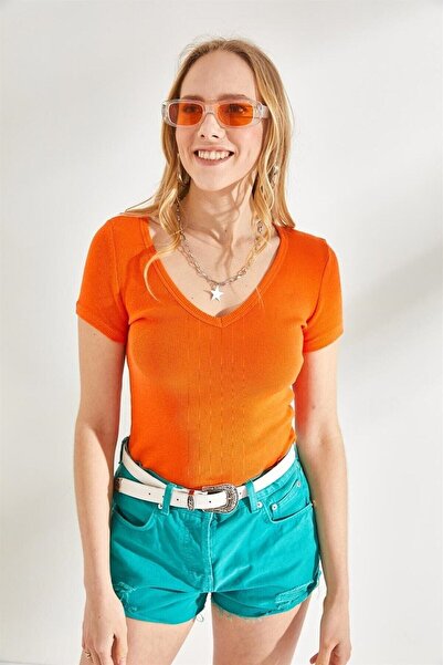 KAŞİHA Orange V-Neck Camisole Short Sleeve Knitwear Blouse