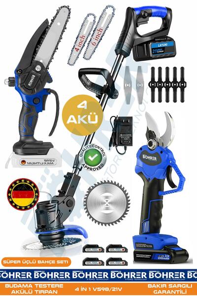 BÖHRER 21V +4 Akülü BA01114M Uzayan Teleskopik Kol Çim Biçme - Akülü Zincirli Budama Testeresi Ve 30MM