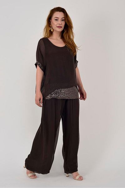 EREN STYLE Set pantaloni bluză din mătase cu paiete cu mâneci liliac italien