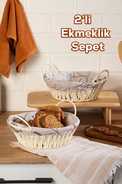 Porsima Mio-020 2-Piece Wicker Look Round Bread Basket with Handles White 24,5cm