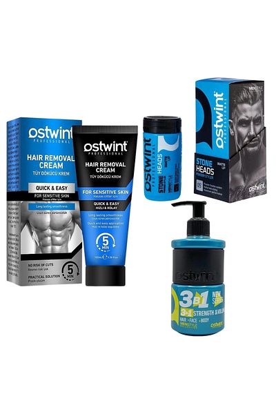 Ostwint Set Depilatory Cream for Sensitive Skin - 100ml (men), Shower Gel 3 in 1 Strength & Volume 250ml