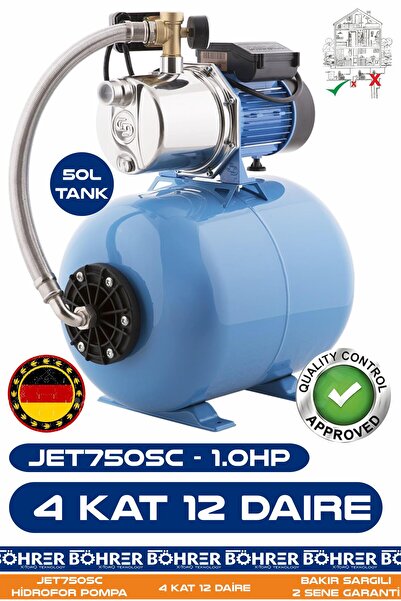 BÖHRER JET750SC 1.0 HP Paslanmaz Giriş Çıkış 50L Yatay Genleşme Tank -- Otoma...