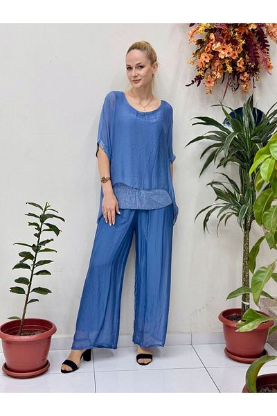 Punta Otantik Nc6641 Italian Pulpayetted Silk Suit Indigo