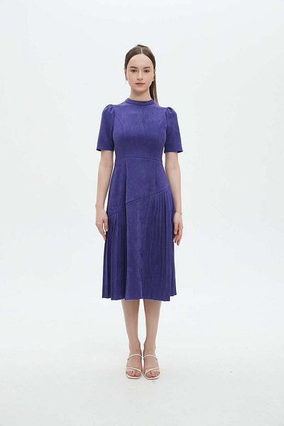 mica Pleated Solid Midi Dress with Short Sleeves and Ruffled Hem