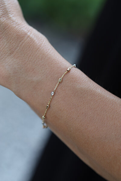 Yenigün Kuyumculuk 14 Ayar Altın Üç Renkli Silindirik Obje Sıralı Bileklik