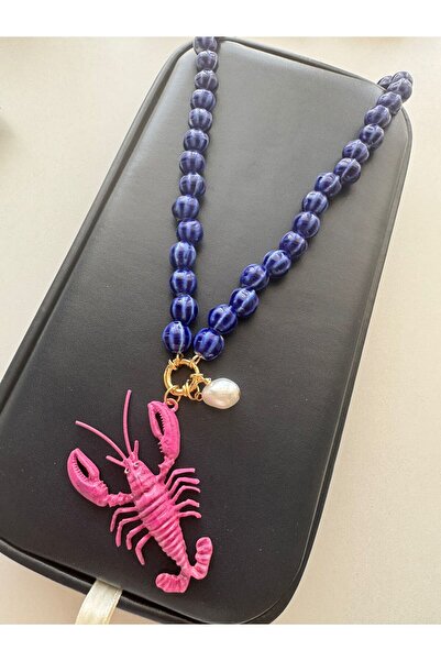 MODA Pink Lobster Necklace with Blue Beads