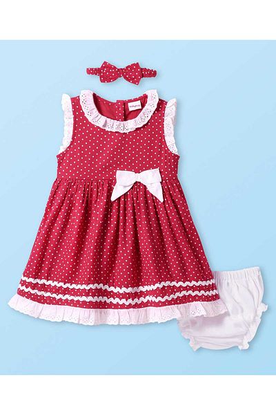 Babyhug Frock Bloomer & Head Band with Lace Detailing and Dots Printed - Red