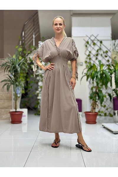 Punta Otantik Pt242500 Elastic Waist Collar Shoulder Tassels Deep Slit Cotton Dress Mink