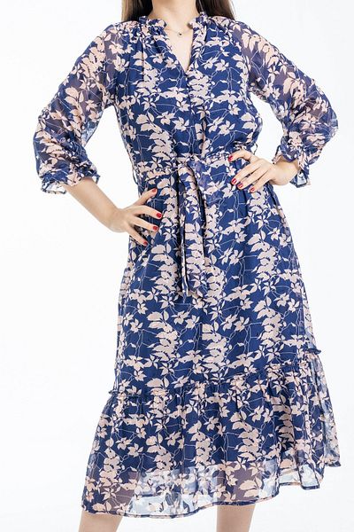 mica Floral Midi Dress with Waist Belt and Slit