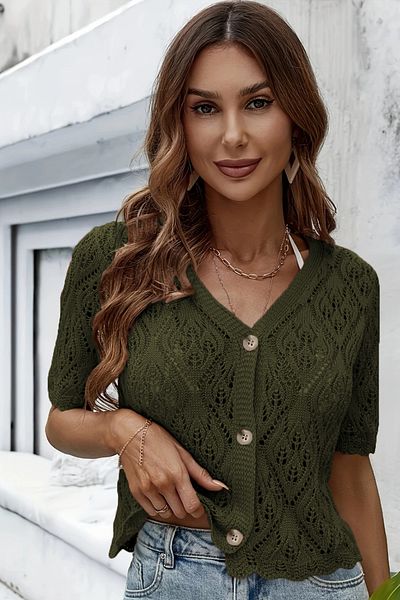 AQE FASHION Women's Openwork Short Sleeve Button Knitted V Neck Casual Khaki Tirko Cardigan