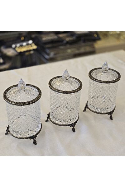 AlyaHomeAksesuar Set of 3 Crystal Glass Sugar Bowl / Jar with Legs Antique