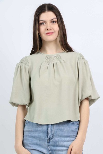 mica Women's Solid Gathered Shoulder & Puffed Half-Sleeve Blouse