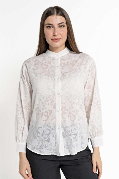 mica بلوزة نسائية مطبوعة بفراشة وأكمام طويلة