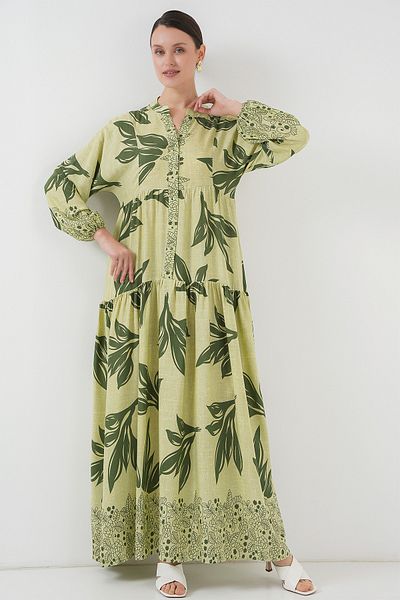 Merterium Women's Patterned Hijab Dress Green 1010