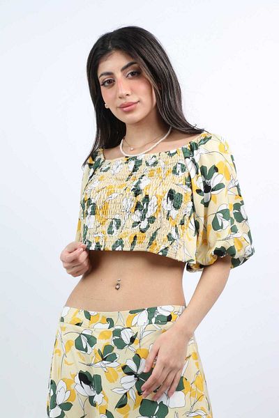 mica Women's Puff Sleeve Cropped Blouse with Elastic Waist