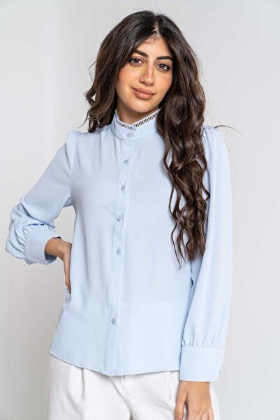 mica Women's Long Sleeve Blouse with Front Buttons and Lace Collar