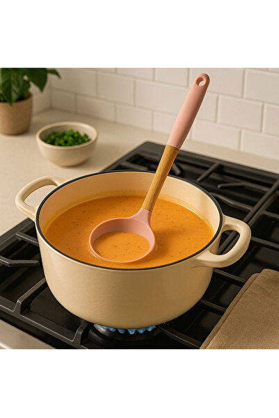 SİHİRLİ AYAKLAR ملعقة سيليكون وردية اللون مقبض خشبي ملعقة سيليكون 29 سم