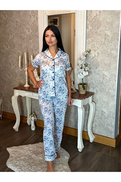 Blue Bloom - Çiçek Desenli Önden Düğmeli Pijama Takımı: Mavi Rüya