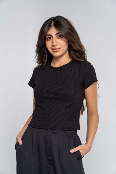 mica Short Ribbed Blouse with Short Sleeves