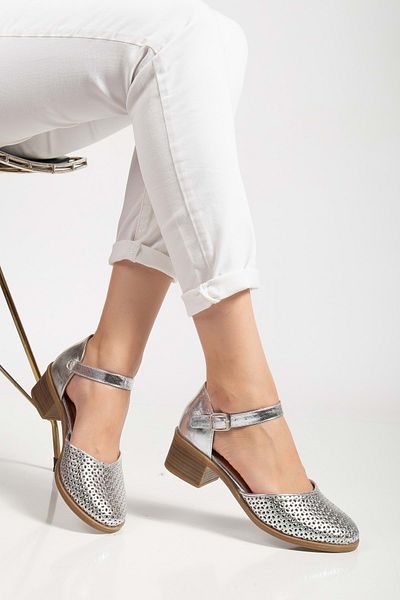 ANALİN SHOES Women's Genuine Leather Closed Toe Perforated Sandals - Silver