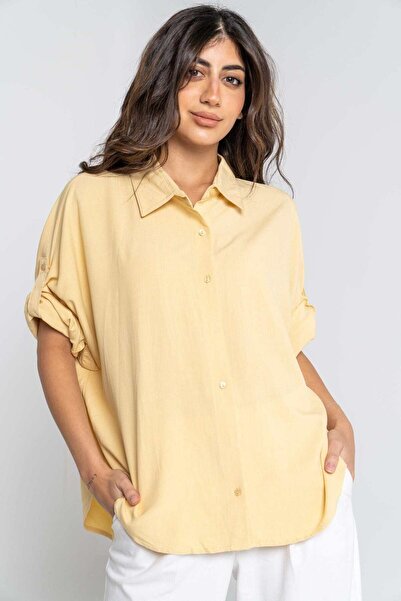 mica قميص سادة بأكمام 3/4 وأزرار وياقة