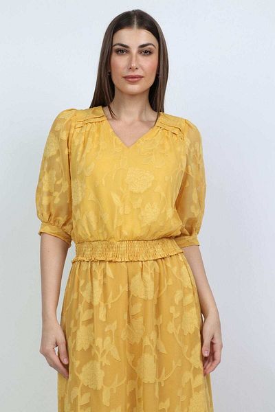 mica Women's Sheer Puff Sleeve Floral Embroidered Blouse with 3/4 Length Sleeves