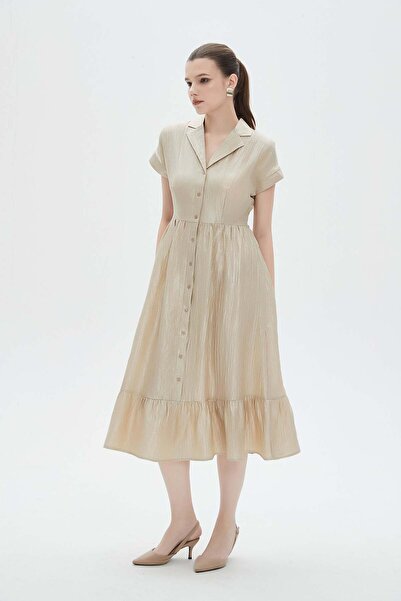 mica Women's Midi Dress with Short Sleeves and Ruffled Shirt Collar