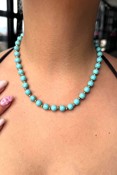 TAKIŞTIR قلادة من الفولاذ بتفاصيل خرز باللونين الذهبي والأزرق