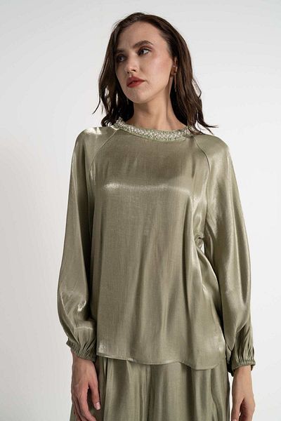 mica Shiny Long Sleeve Women's Blouse with Embroidered Neckline