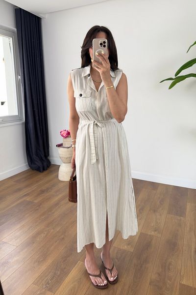 BİRCANÇİL Boony Ecru Striped Belted Dress with Pocket Detail