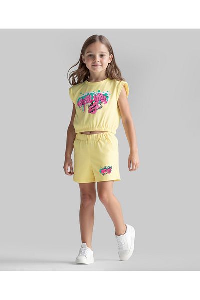 Primo Gino Primo Gino Cotton Printed Sleeveless Waist Length T-Shirt & Shorts Set - Yellow